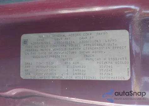 1991 Chevrolet S Truck S10 z USA, uszkodzony, nr VIN 1GCCS14E7M8131789